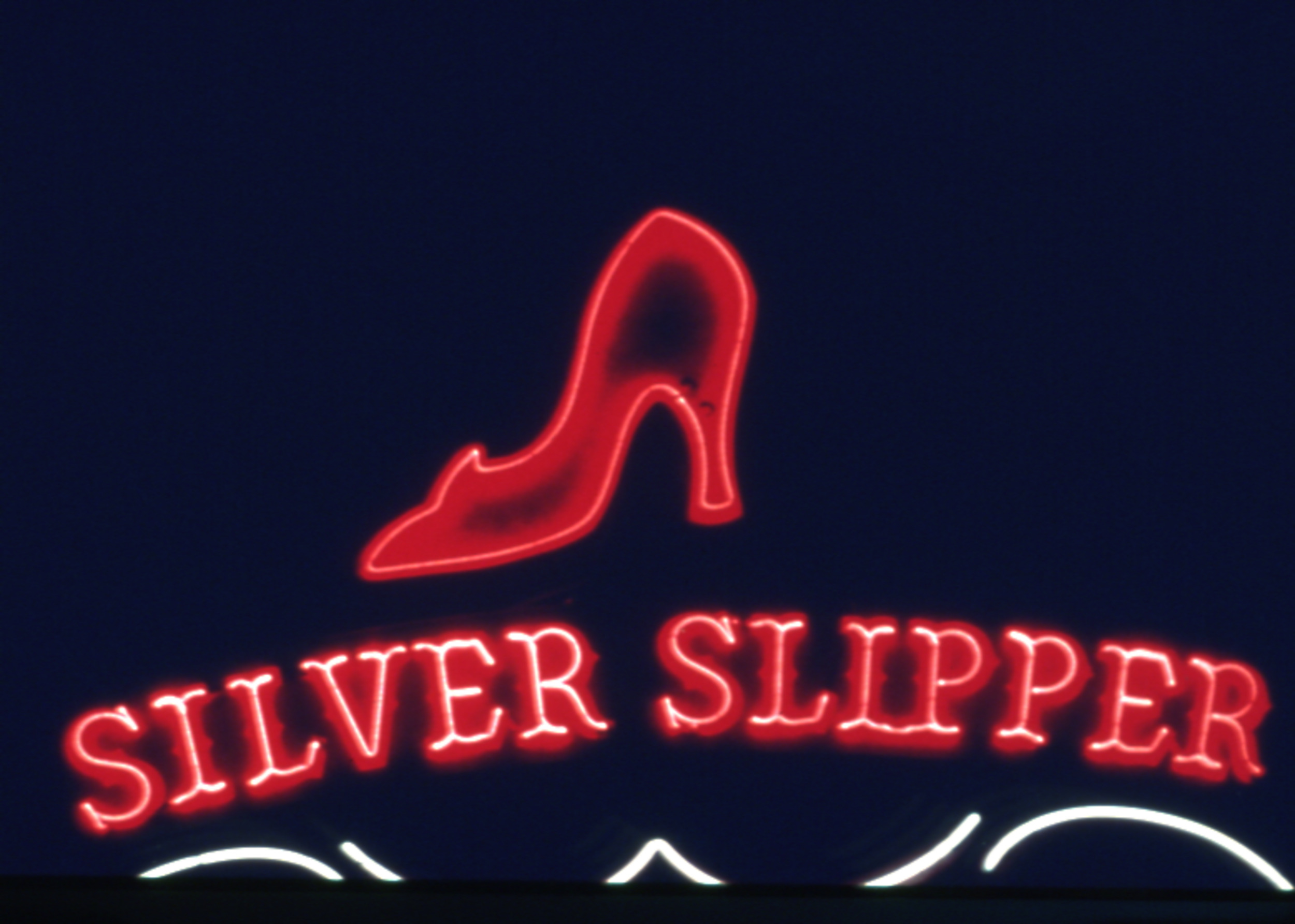 Slide of the Silver Slipper neon sign at night, Las Vegas, Nevada, circa 1980s