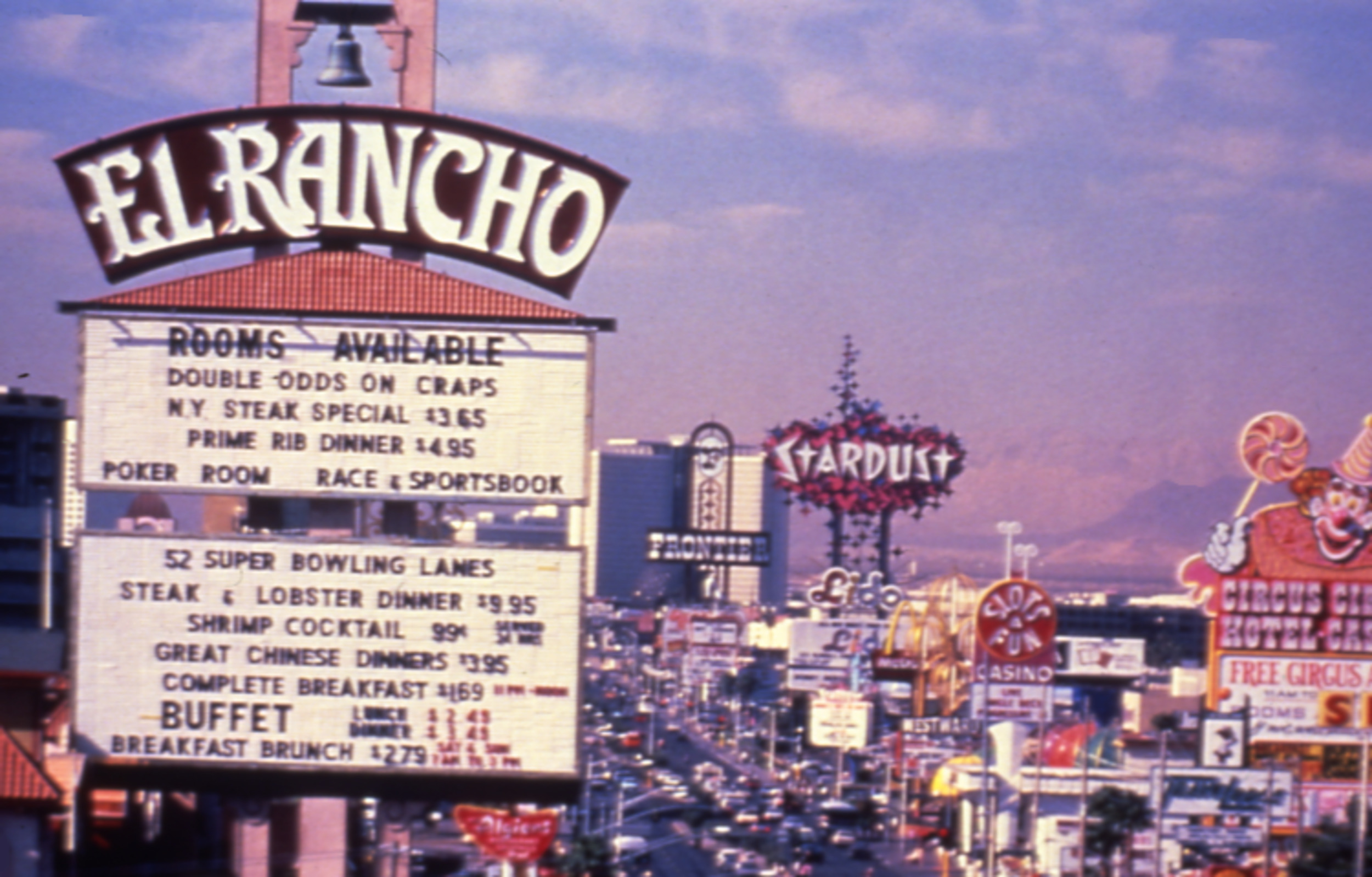 Slide of the El Rancho marquee and neon signs on Las Vegas Boulevard, Las Vegas, Nevada, 1986