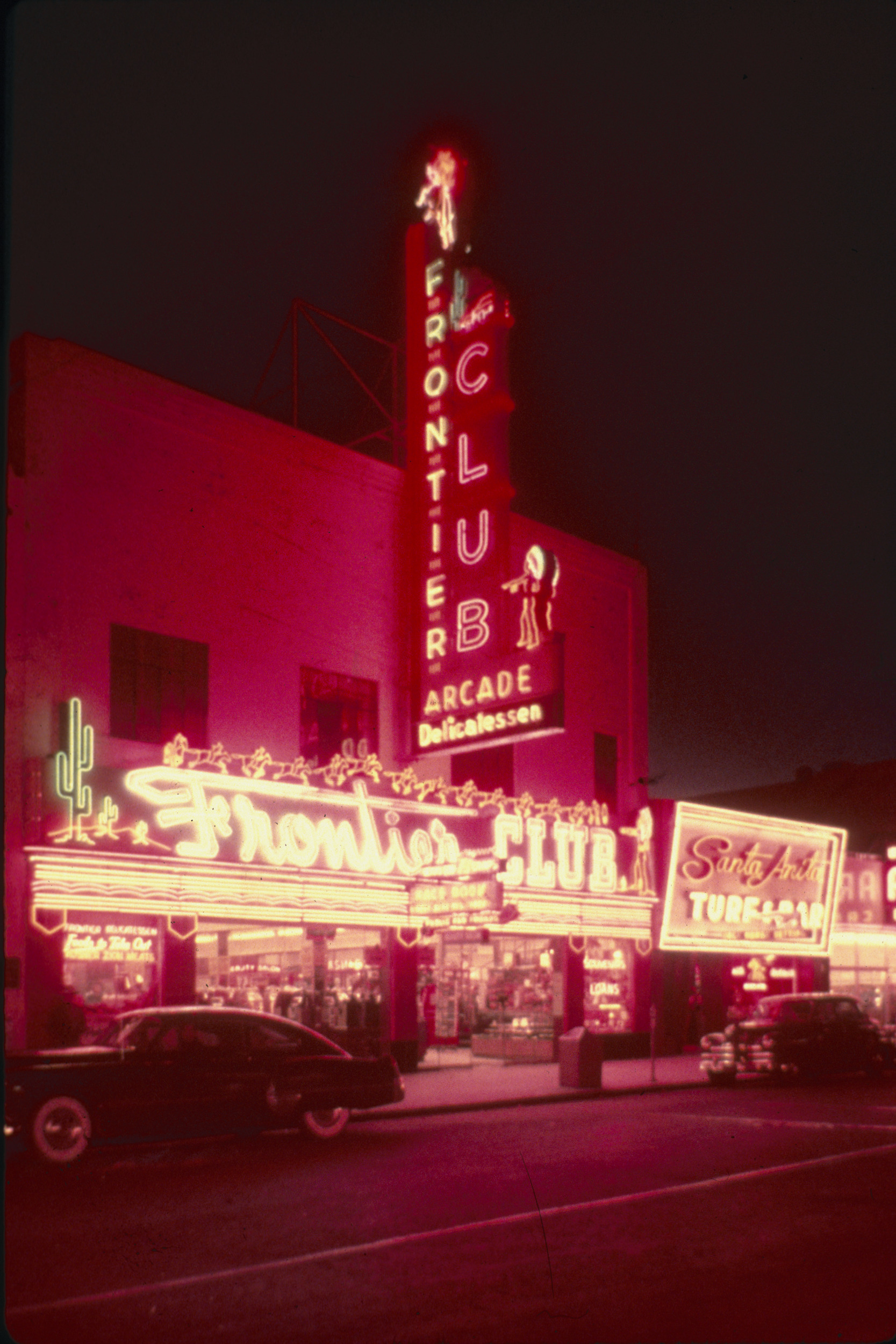 Slide of the Frontier Club and its neon signs, Las Vegas, circa late 1940s