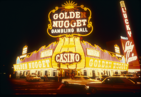 Slide of the Golden Nugget Gambling Hall and its neon signs, Las Vegas, circa 1970s