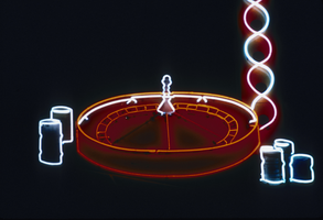 Slide of the neon sign for the Roulette Motel at night, Las Vegas, 1986
