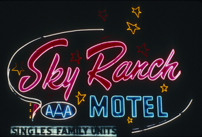 Slide of the neon sign for the Sky Ranch Motel at night, Las Vegas, 1986