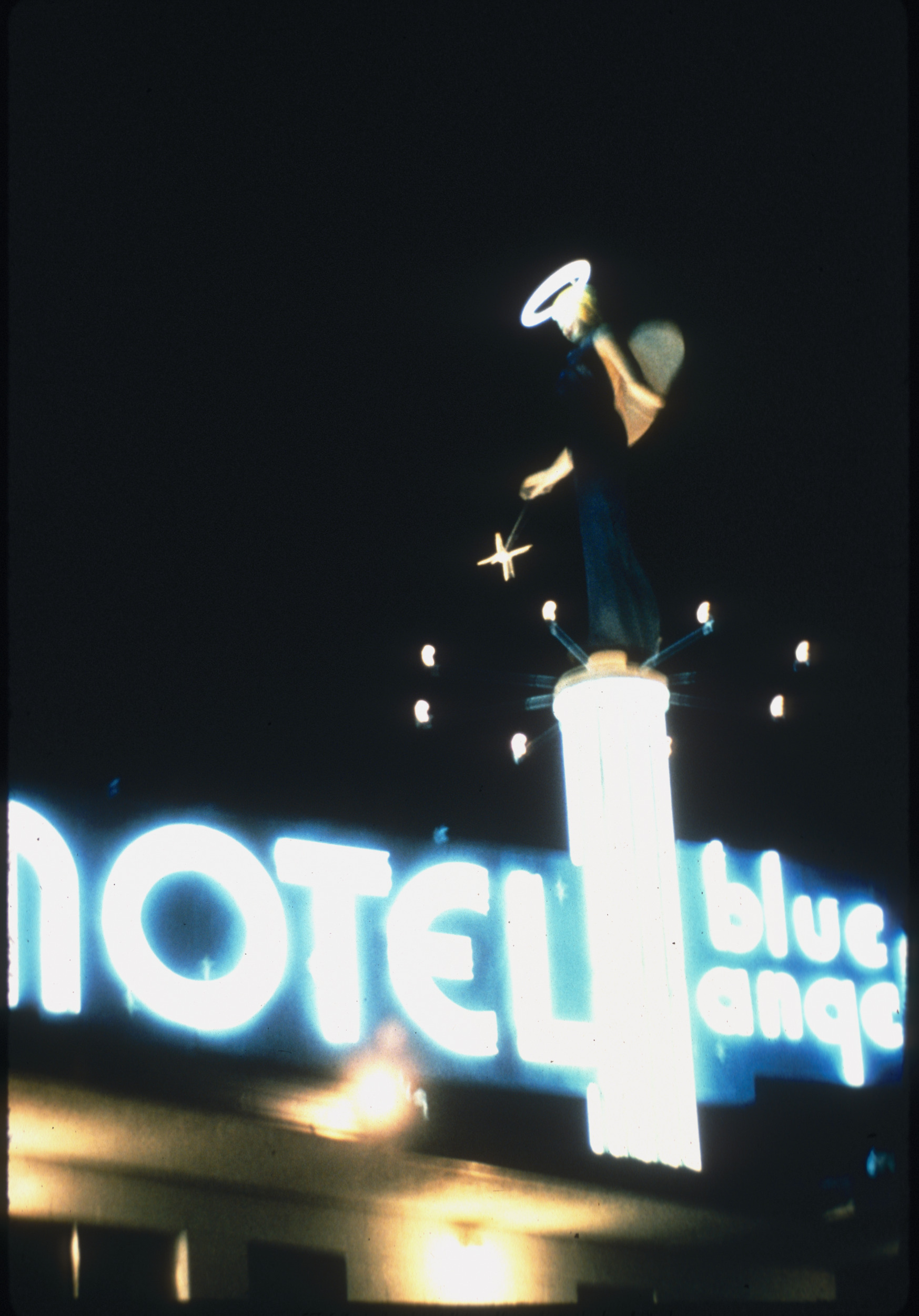 Slide of the neon sign for the Blue Angel Motel, Las Vegas, 1986