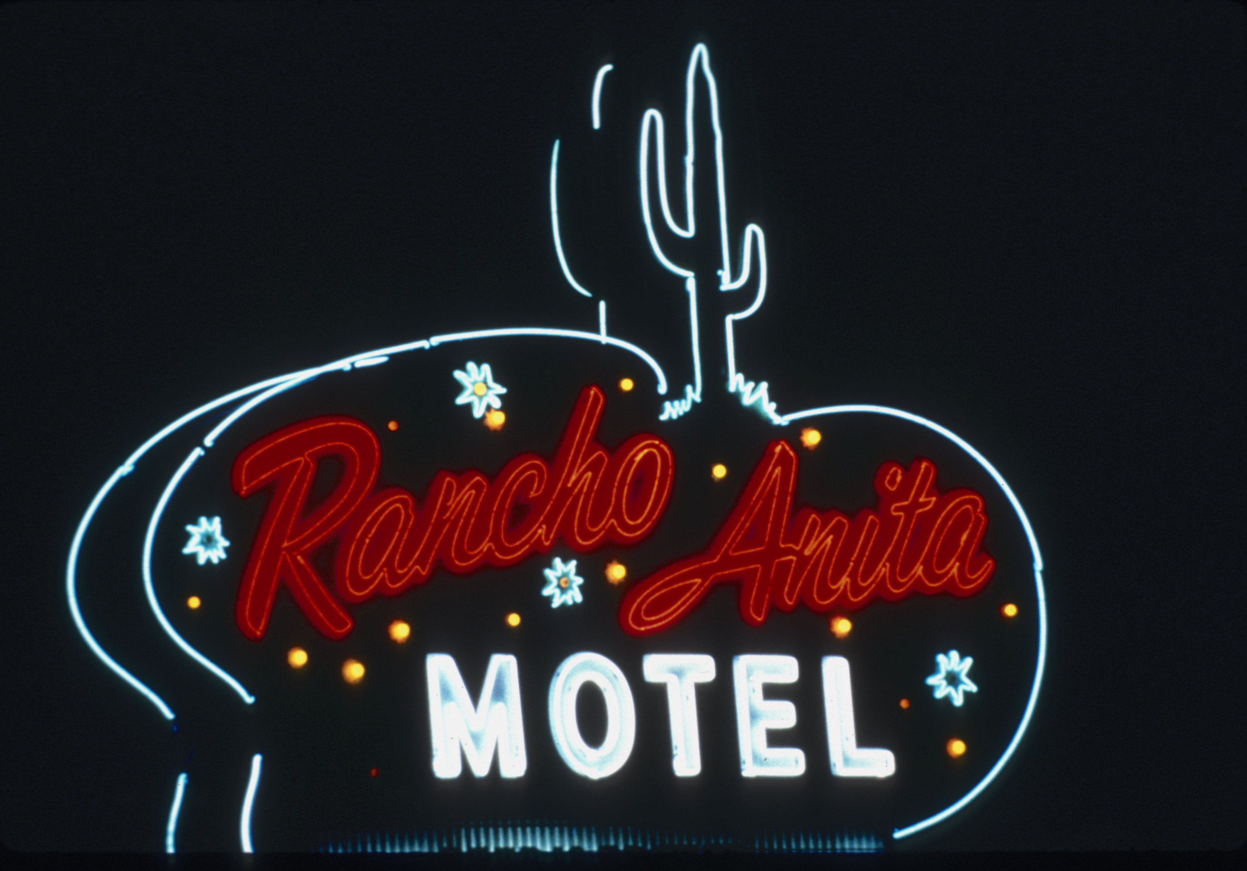 Slide of the neon sign for the Rancho Anita Motel, Las Vegas, 1986