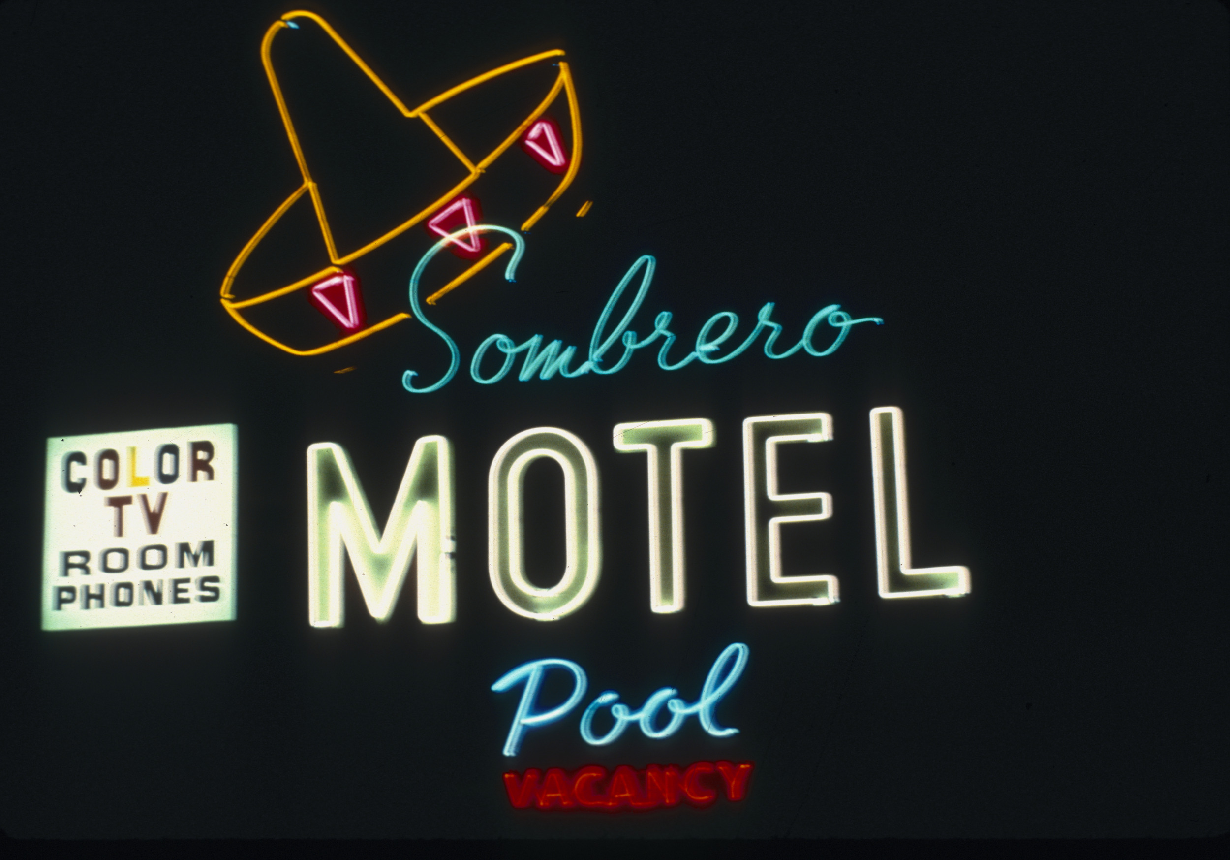 Slide of the neon sign for the Sombrero Motel, Las Vegas, 1986