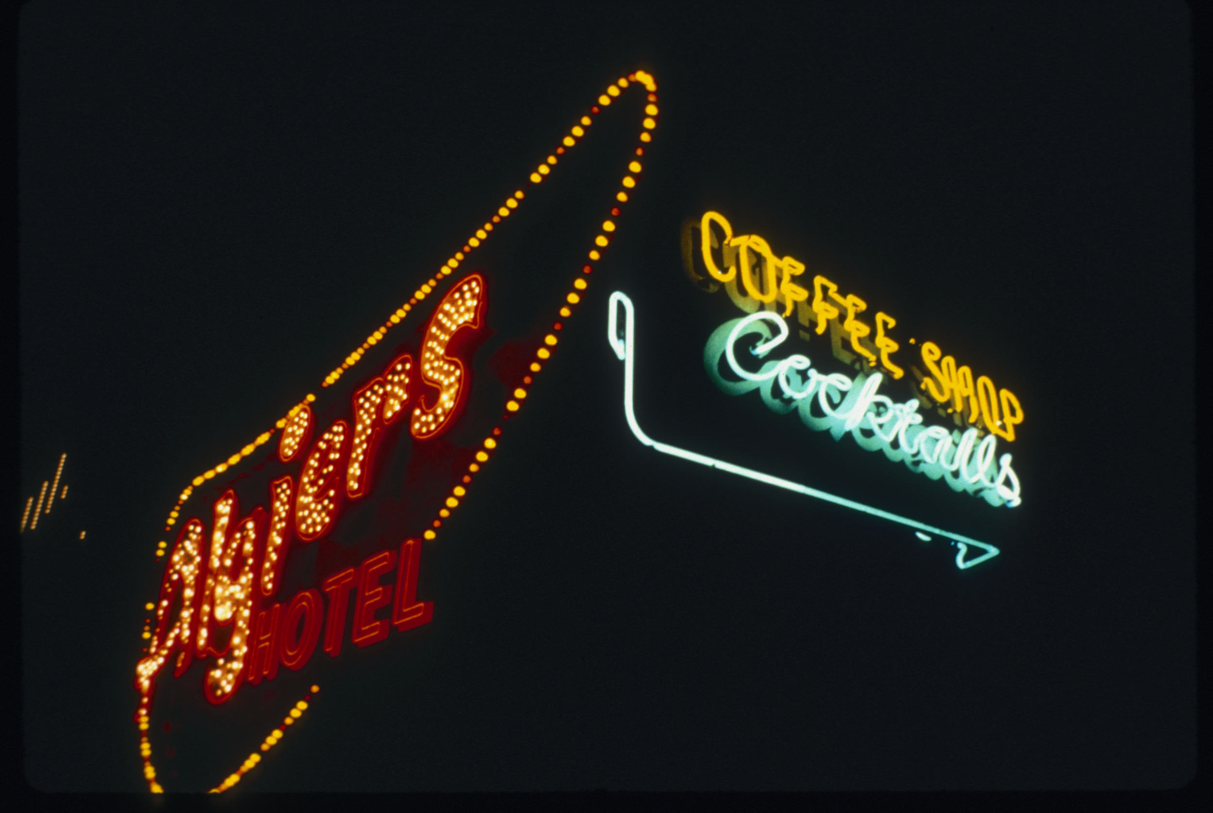 Slide of the neon sign for the Algiers Hotel, Las Vegas, circa 1979