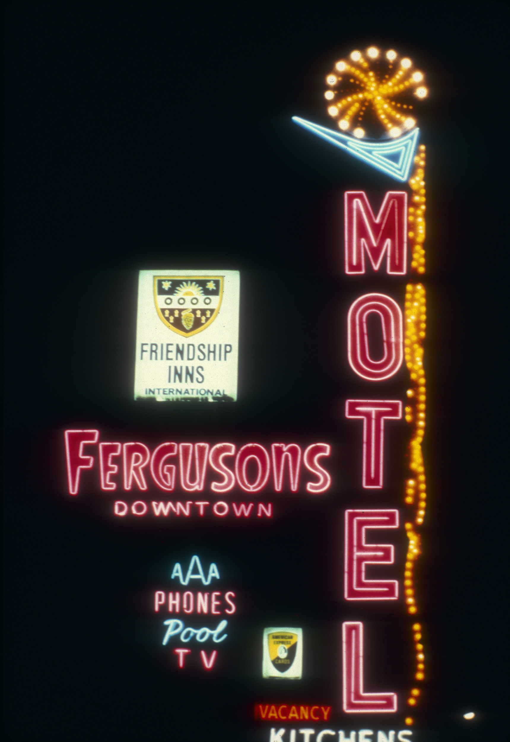 Slide of the neon sign for Fergusons Motel, Las Vegas, circa 1980s