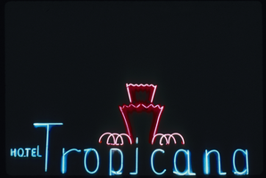 Slide of a neon sign for Motel Tropicana, Las Vegas, circa 1980s