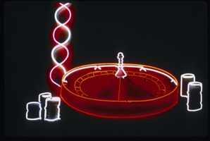 Slide of a neon sign shaped like a roulette wheel, Las Vegas, circa 1980s