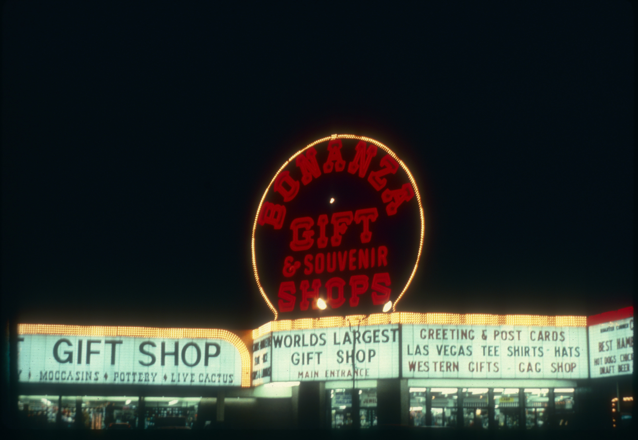 Slide of neon lights at Bonanza Gift Shop, Las Vegas, circa 1980s