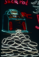 Slide of neon Foxy's Firehouse Casino signs, Las Vegas, circa 1980s