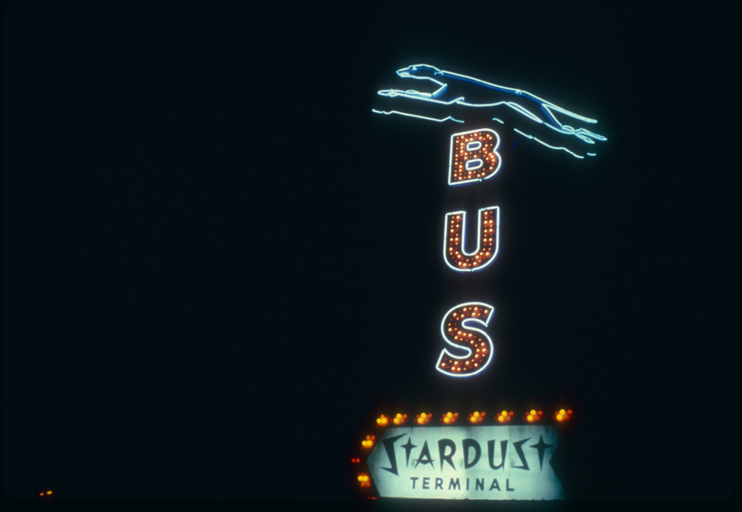 Slide of a neon Greyhound Bus Terminal marquee, Las Vegas, circa 1980s