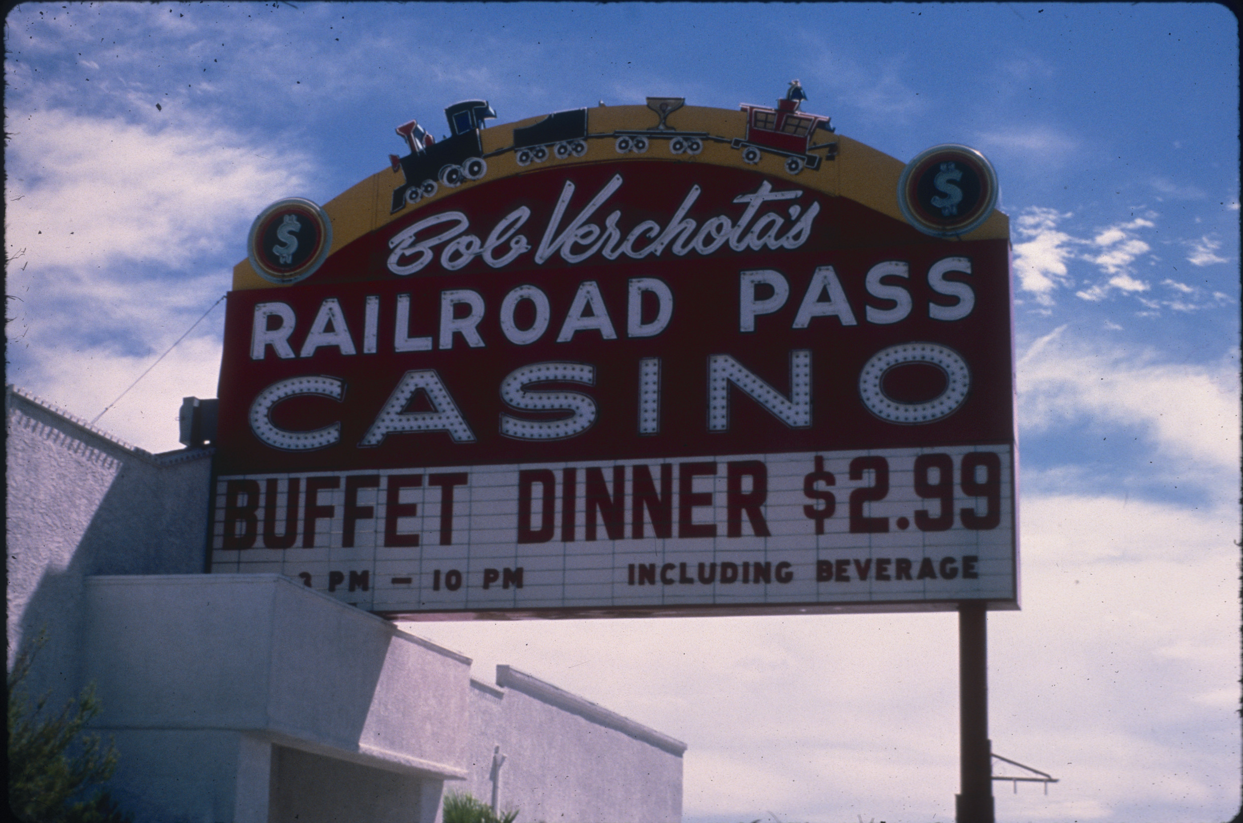 Slide of the neon marquee for the Railroad Pass Casino, Henderson, Nevada, 1986