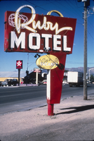 Slide of the neon sign for the Ruby Motel, Ely, Nevada, 1986