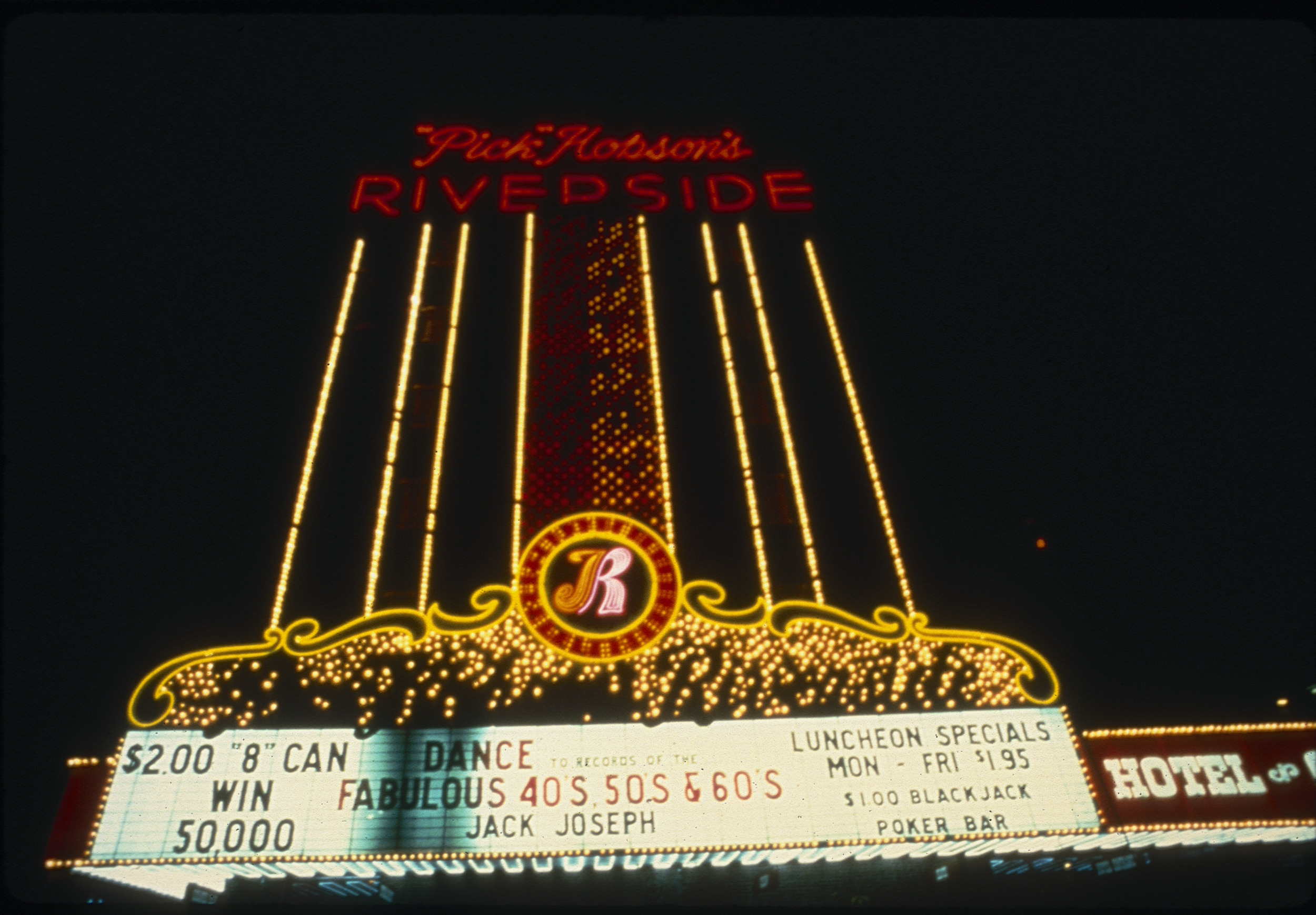 Slide of the neon sign for the Riverside Hotel, Reno, Nevada, 1986