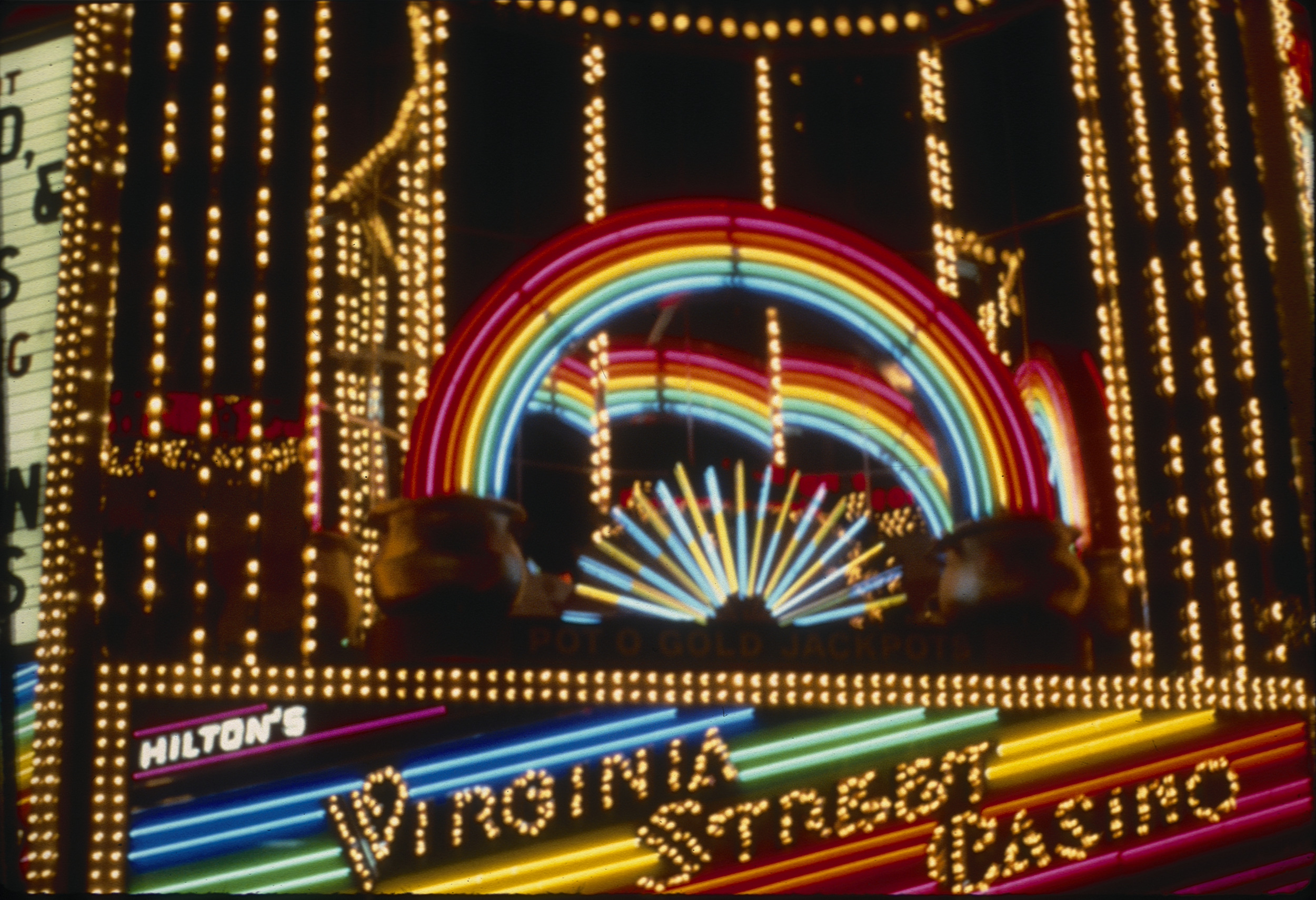 Slide of the neon sign for Hilton's Virginia Street Casino, Reno, Nevada, 1986