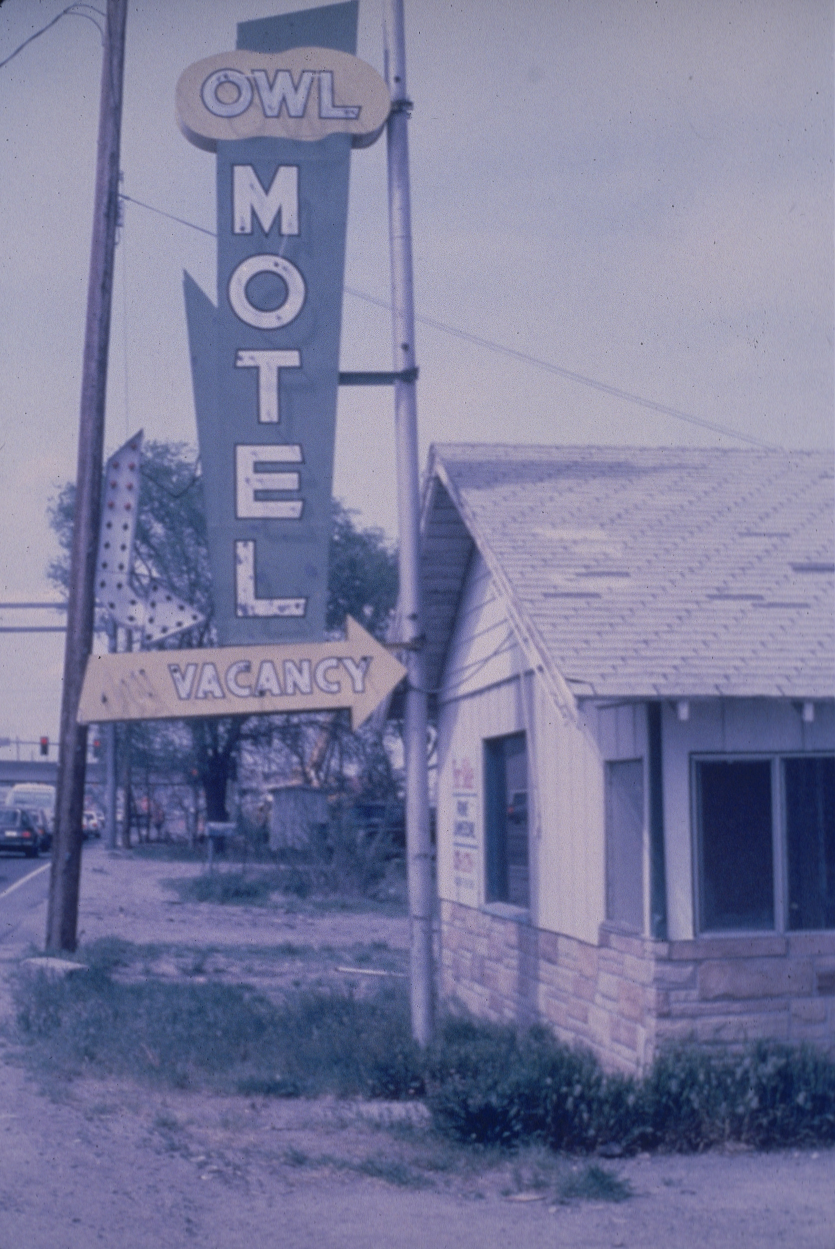 Slide of the neon sign for the Owl Motel, Reno, Nevada, 1986