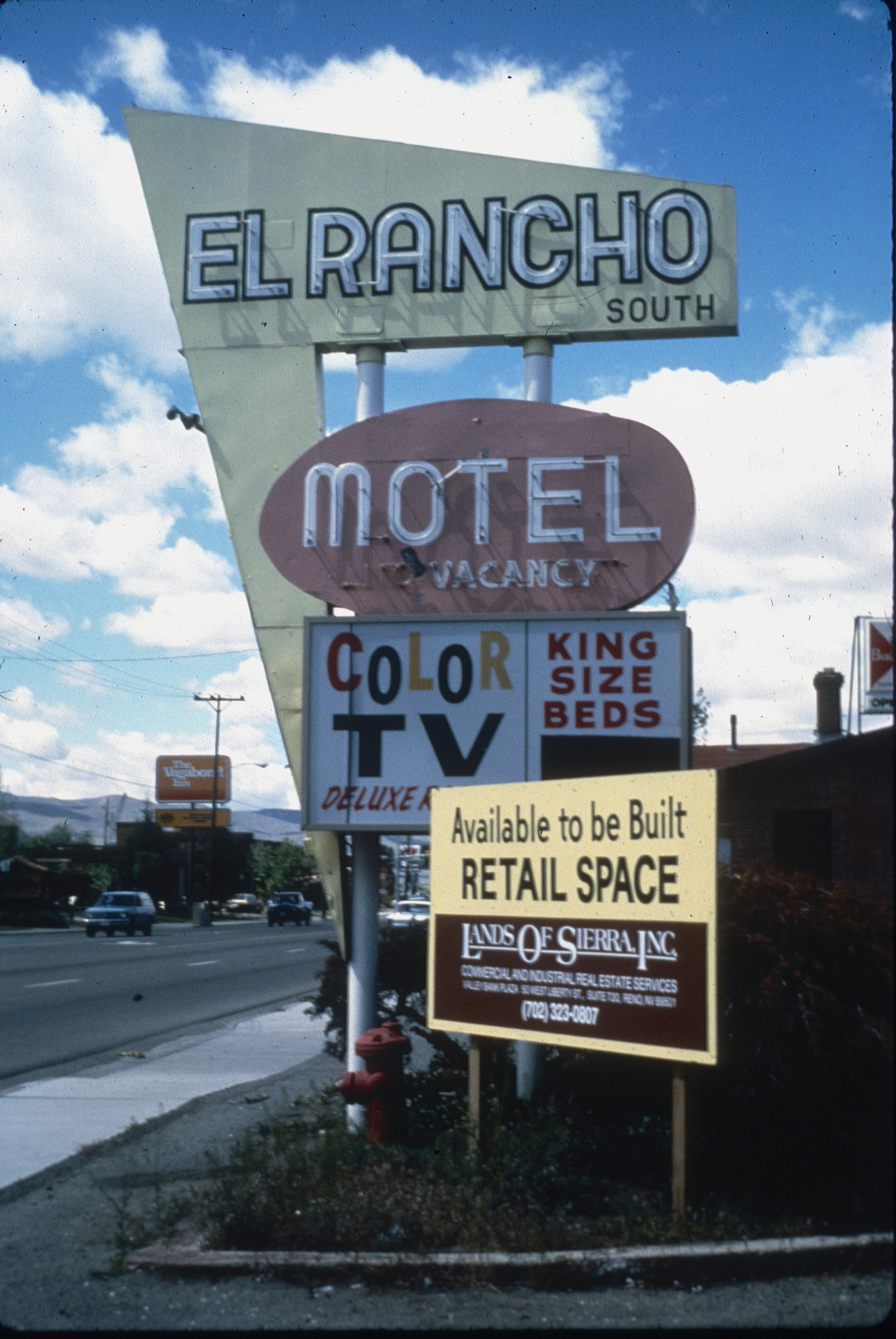 Slide of the neon sign for the El Rancho South Motel, 1986