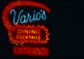 Slide of neon sign for Vario's Restaurant, Reno, Nevada, 1986