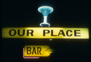 Slide of the neon sign for Our Place Bar, Reno, Nevada, 1986