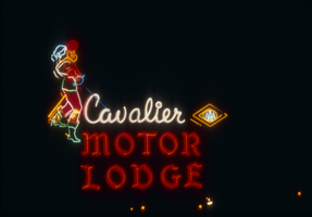 Slide of the neon sign for the Cavalier Motor Lodge, Reno, Nevada, 1986