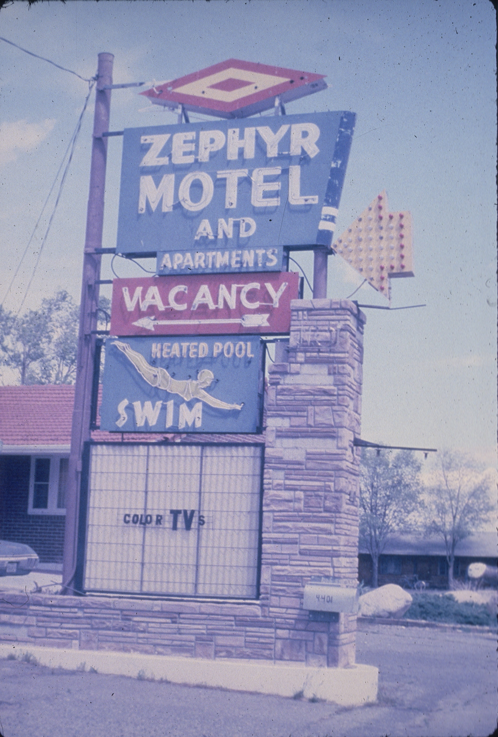 Slide of the neon sign for the Zephyr Motel, Reno, Nevada, 1986