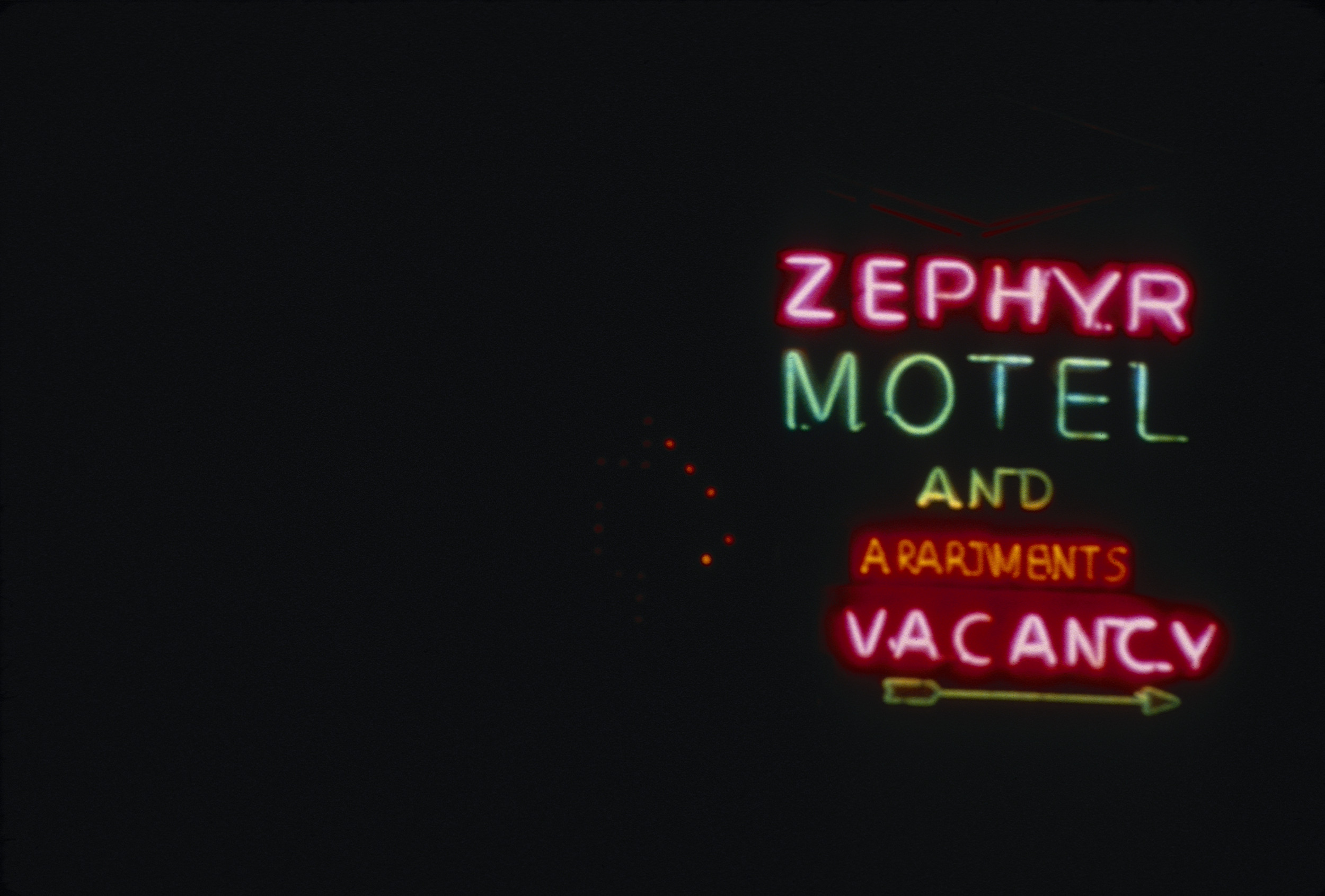 Slide of the neon sign for the Zephyr Motel at night, Reno, Nevada, 1986