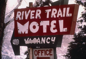 Slide of the neon sign for the River Trail Motel, Reno, Nevada, 1986