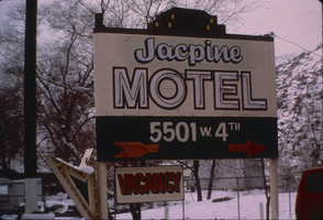 Slide of the neon sign for the Jacpine Motel, Reno, Nevada, 1986