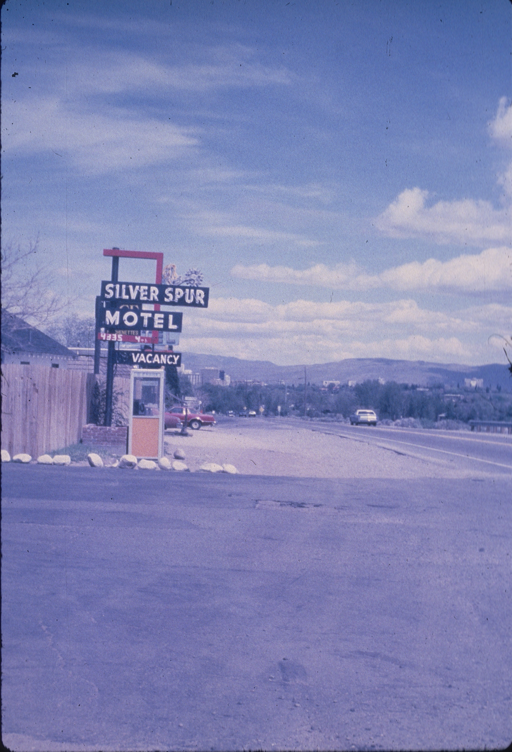 Slide of the neon sign for the Silver Spur Motel, Reno, Nevada, 1986