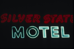 Slide of the neon sign for the Silver State Motel at night, Reno, Nevada, 1986