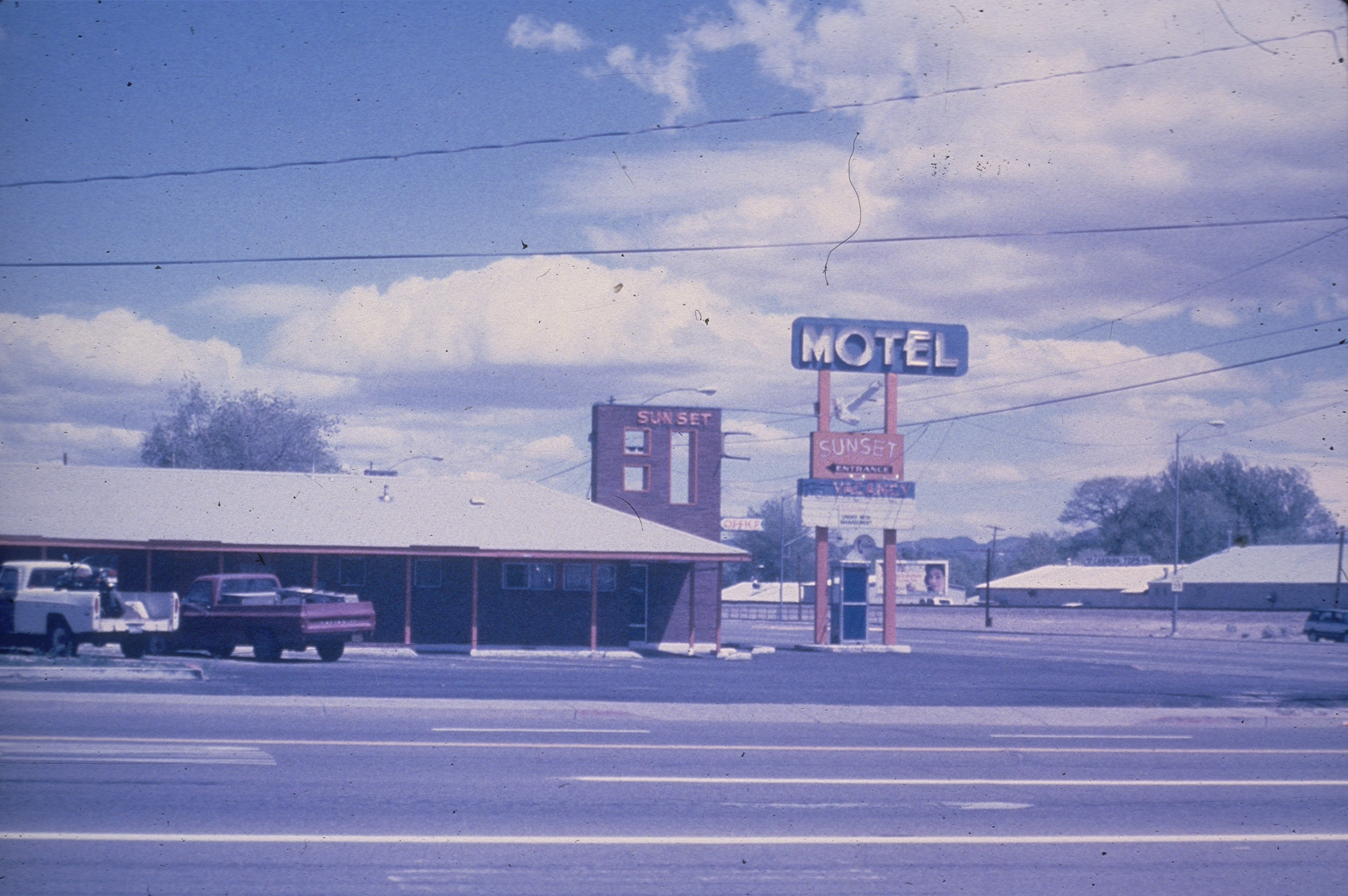 Slide of the Sunset Motel and its neon sign, Reno, Nevada, 1986