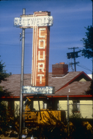 Slide of the neon sign for the Rest Well Court, Reno, Nevada, 1986