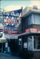 Slide of the City Center Motel and its neon signs, Reno, Nevada, 1986