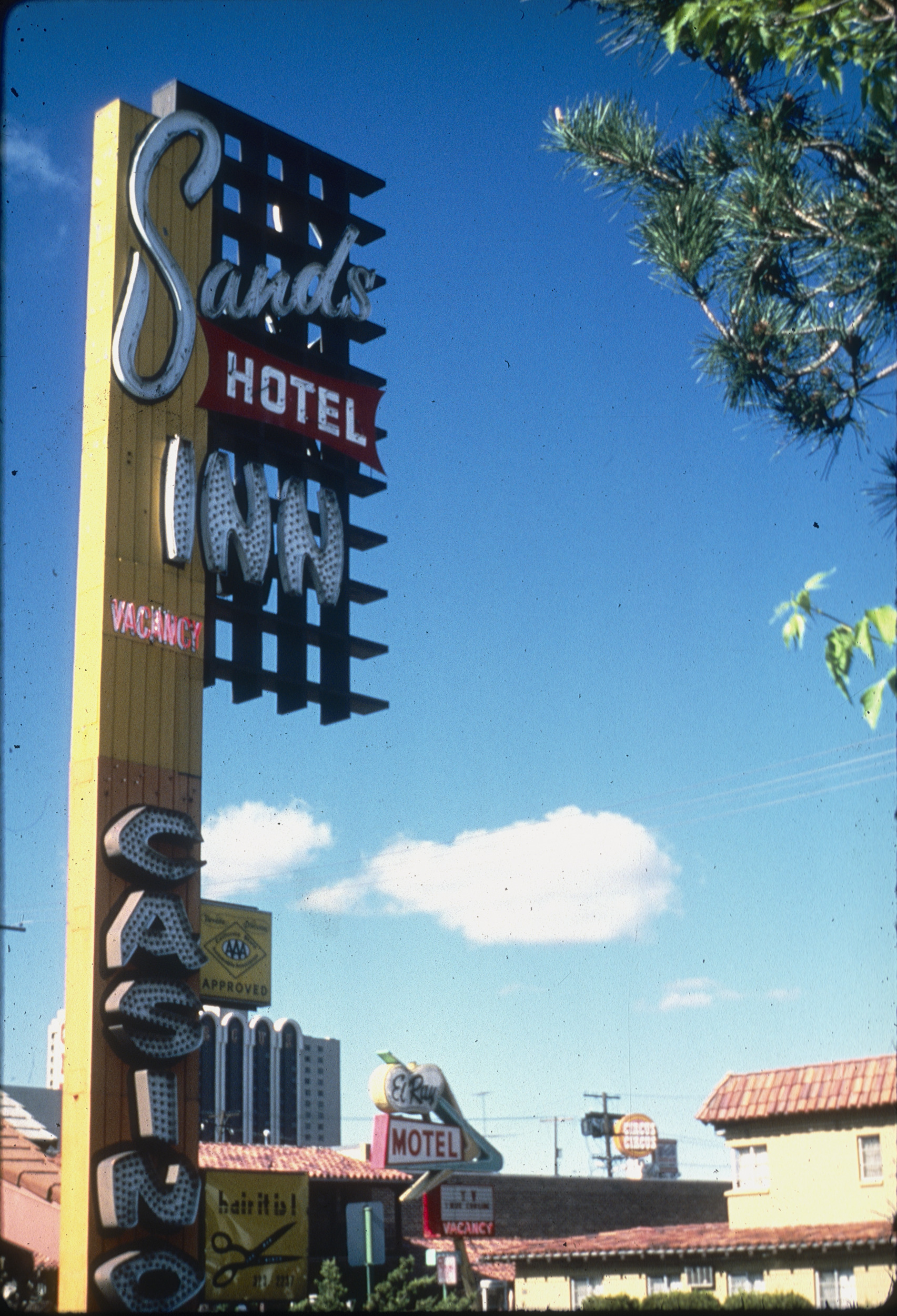 Slide of the neon sign for the Sands Inn Casino, Reno, Nevada, 1986