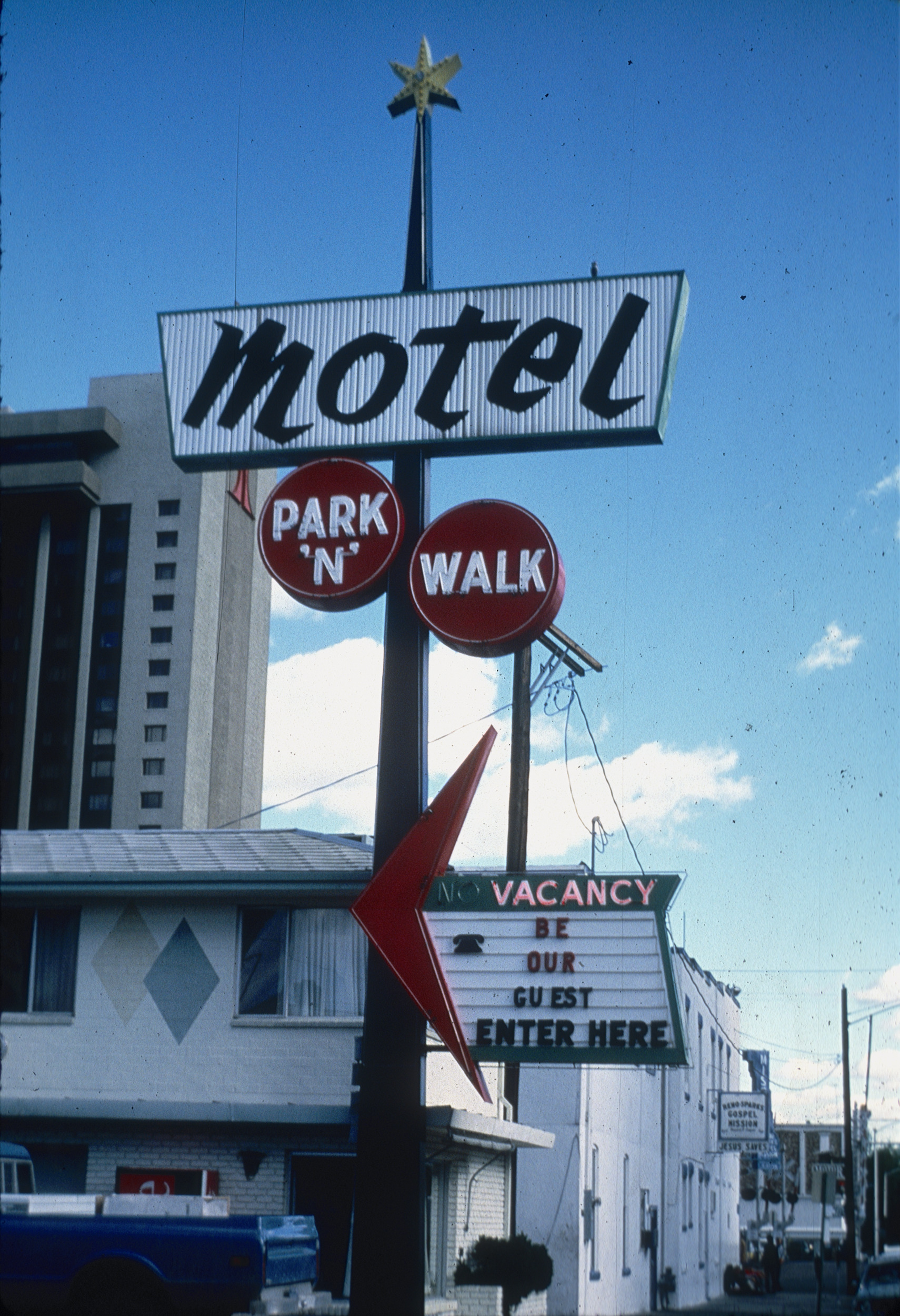 Slide of the neon sign for the Park-N-Walk Motel, Reno, Nevada, 1986