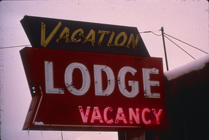Slide of the neon sign for the Vacation Lodge, Reno, Nevada, 1986