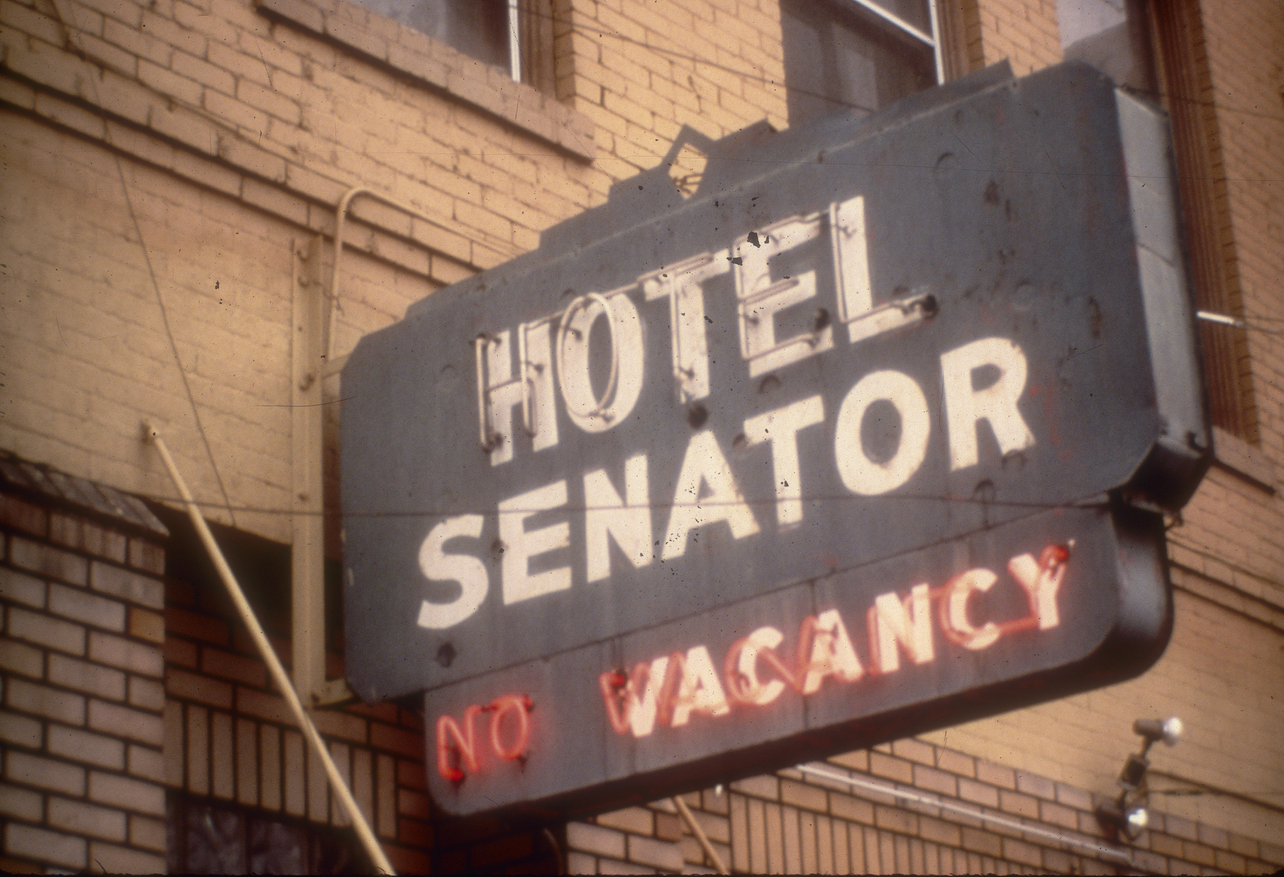 Slide of the neon sign for the Hotel Senator, Reno, Nevada, 1986