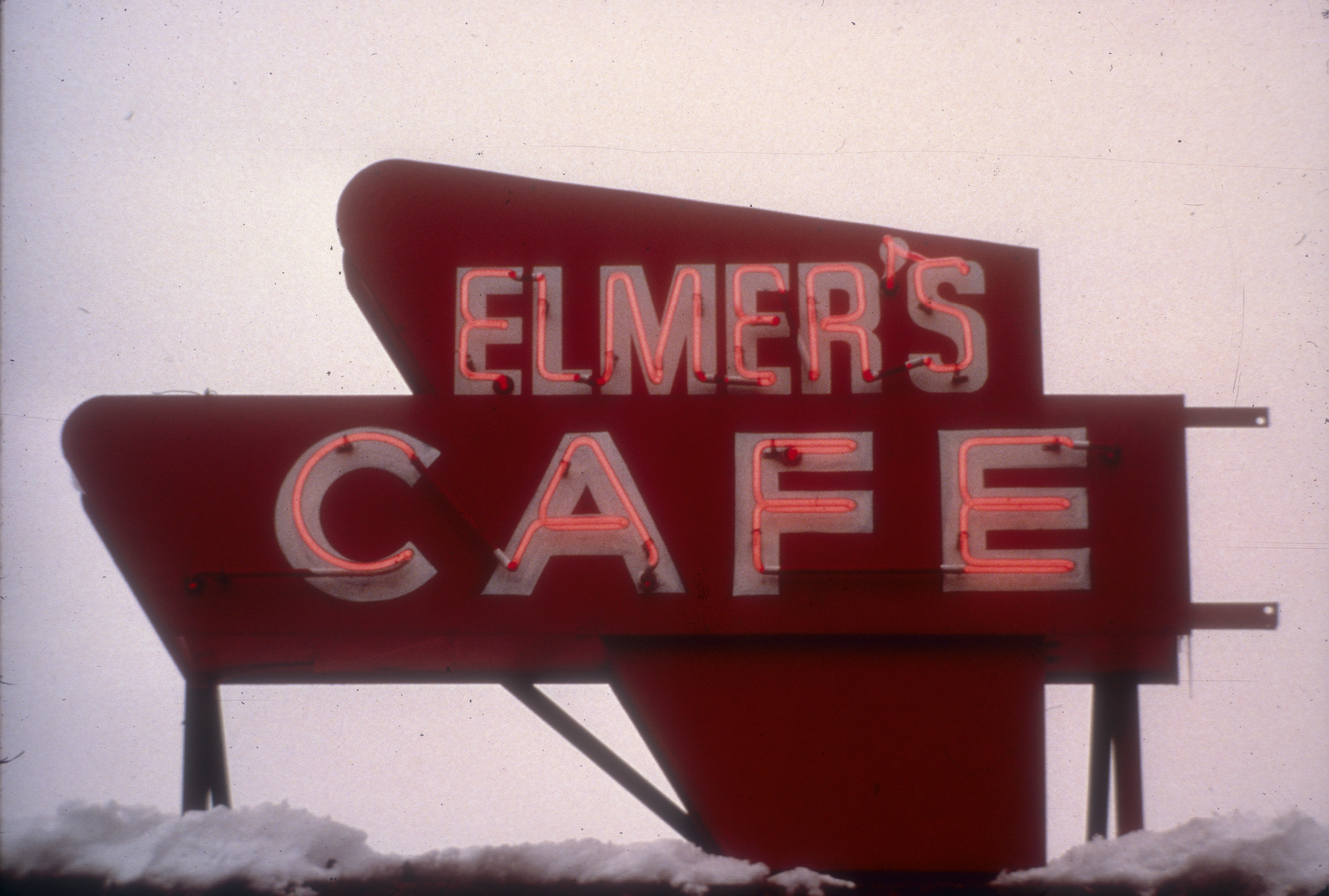 Slide of the neon sign for Elmer's Cafe, Washoe County, Nevada, 1986