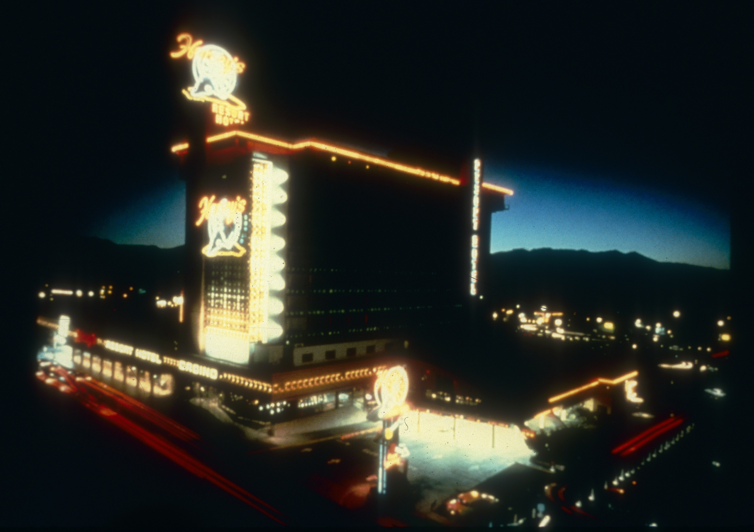 Slide of Harvey's Wagon Wheel and its neon signs, Stateline, Nevada, circa early to mid 1980s