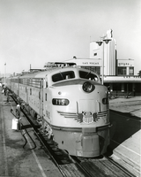 Photograph of a Union Pacific Railroad train at the train station, Las Vegas, 1958