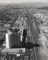 Aerial photograph of the Union Plaza Hotel and railroad tracks, Las Vegas, September 1973