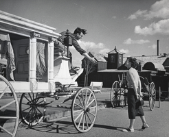 Photograph of tourists with a stagecoach in Last Frontier Village, Las Vegas, circa 1950s