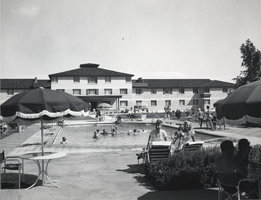 Photograph of the swimming pool area of the Thunderbird Hotel, Las Vegas, circa 1950s