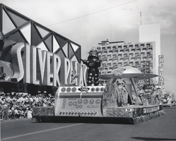 Photograph of the Sands Hotel's space-themed float in the Helldorado Days parade, Las Vegas, circa 1950