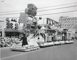 Photograph of the Golden Nugget's train-themed float in the Helldorado Days Parade, Las Vegas, circa 1950