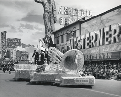 Photograph of the Sahara Hotel's music-themed float in the Helldorado Days parade, Las Vegas, circa 1950