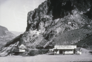 Slide of the Murl Emery building and the entrance to Black Canyon, Boulder City, Nevada, circa 1931-1936