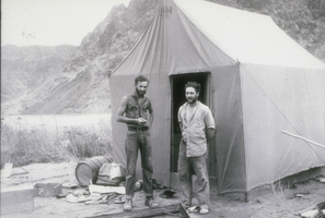 Slide of two men in front of a tent home in Boulder City, Nevada, August 13, 1931