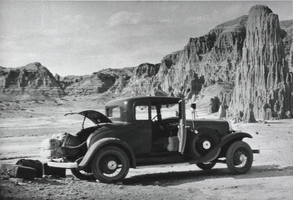 Photograph of a car at Cathedral Gorge, Nevada, circa late 1930s